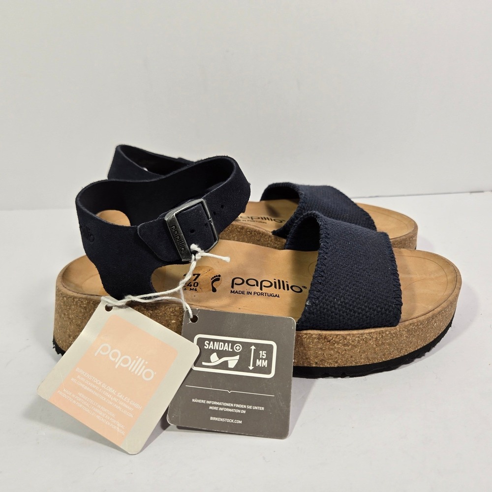 Birkenstock Papillio Womens 6 Namica Navy Blue Textile Platform Wedge Sandals